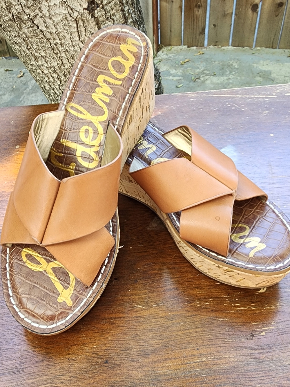 Sam Edelman Remini Leather Slide Wedge Sandals Tan Brown Cork Platform 8.5